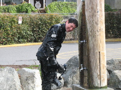 Whatevah rinses off at Edmonds after his dive.