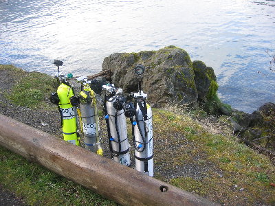 deco bottles with lake in background