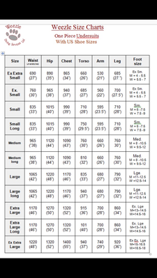 Weezle size chart