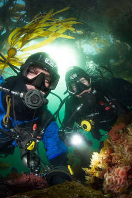 Selfie with Scuba Jess in the raging current of a kelp canopy