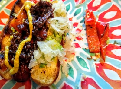 Bacon jam, avacados, roasted red pepper, sauerkraut on my Nathan's hot dog!!!